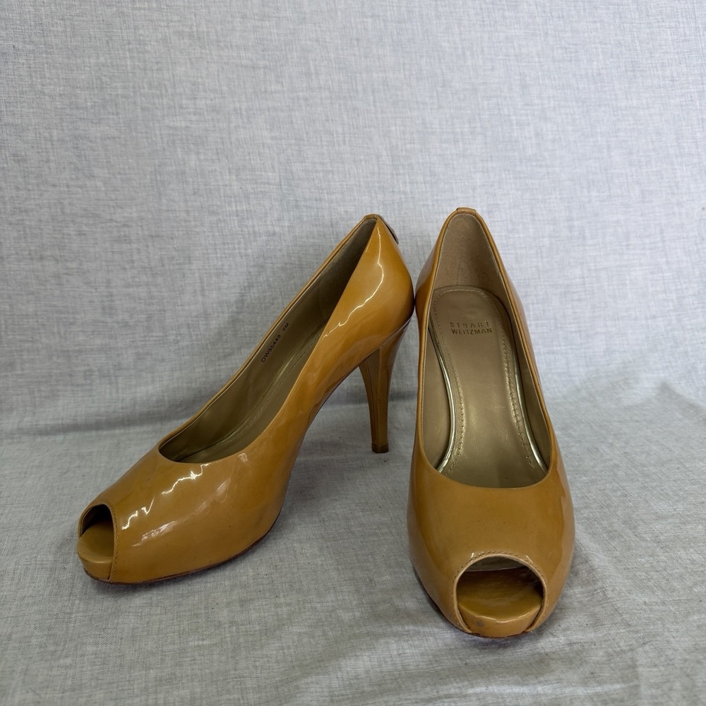 Vintage Stuart Weitzman Yellow Patent Leather Peep Toe Platform Pumps Heels